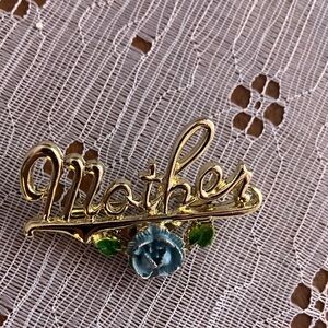 Gold 'Mother' Brooch with Blue and Green Accents